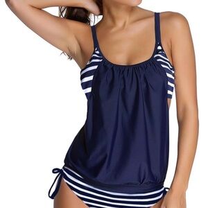 Zecilbo Navy Blue Striped Layered Tankini Swimsuit XL Nursing Friendly